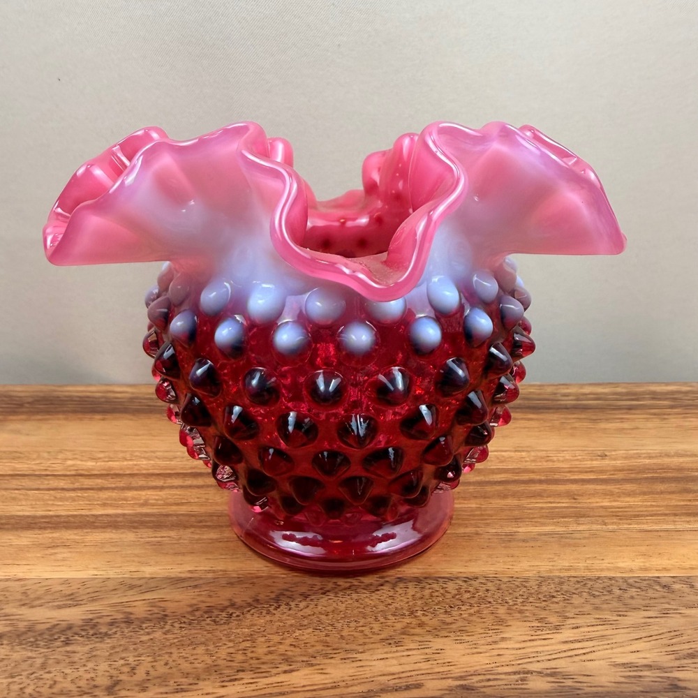 Fenton Cranberry Opalescent Hobnail Vase Double Crimp Ruffle Rim Art Glass 4.5"